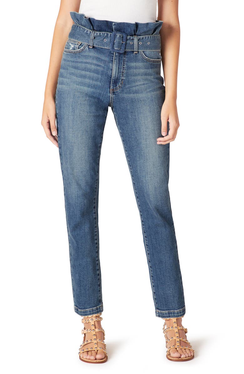 Calça jeans feminina Sam Edelman The Dani Paperbag desgastada, cintura alta, perna reta, azul, tamanho 24