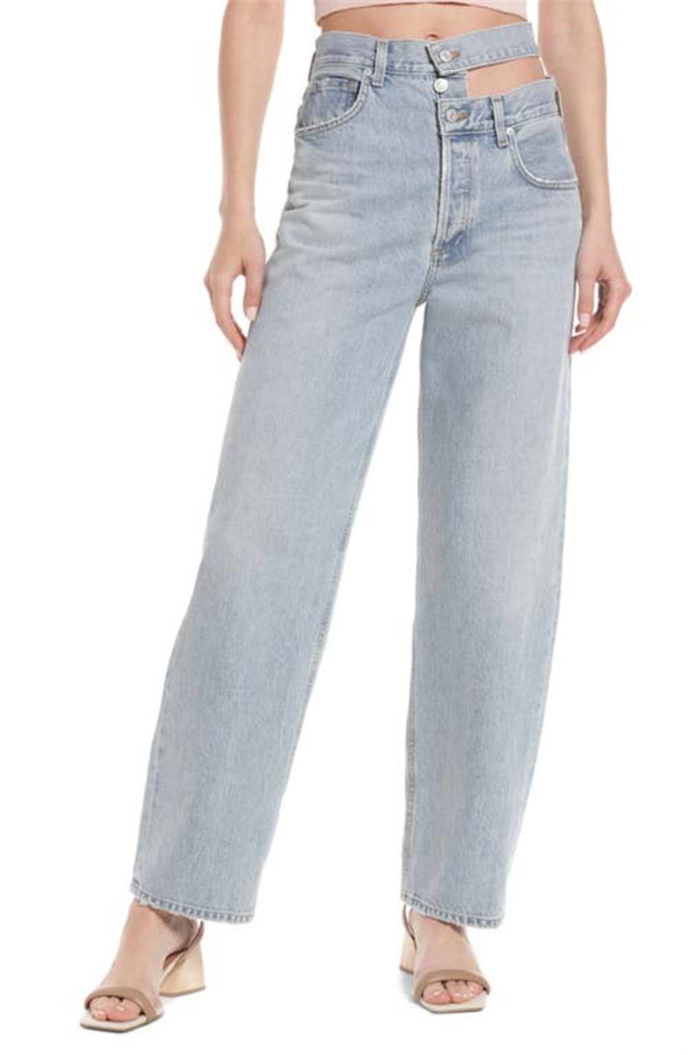 Calça jeans AGOLDE de algodão orgânico com cós quebrado e cintura super alta, tamanho 27, tamanho Sideline