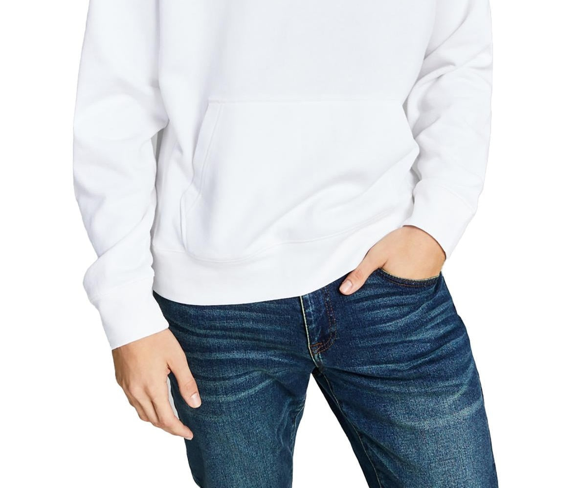 E agora este moletom com capuz masculino de lã, branco, tamanho pequeno