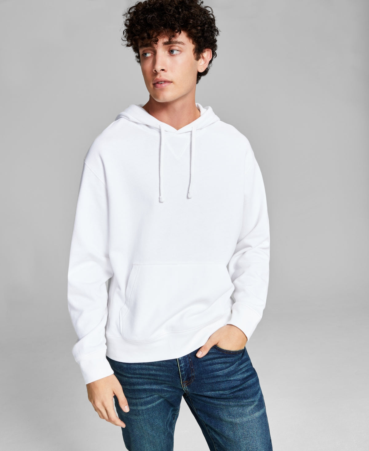 E agora este moletom masculino de lã com bolsos canguru, branco, tamanho médio