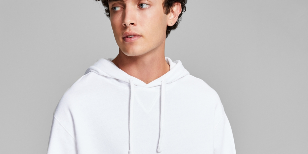 E agora este moletom masculino de lã com bolsos canguru, branco, tamanho médio