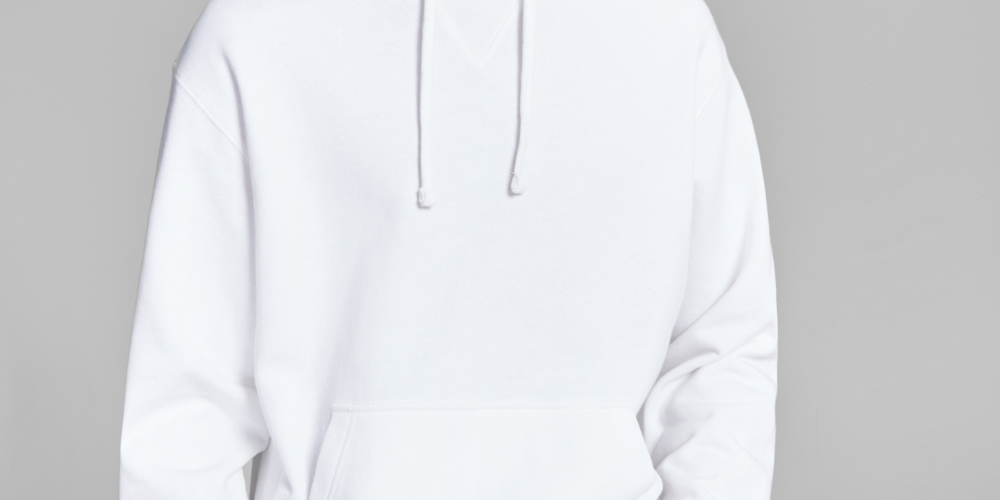E agora este moletom masculino de lã com bolsos canguru, branco, tamanho médio