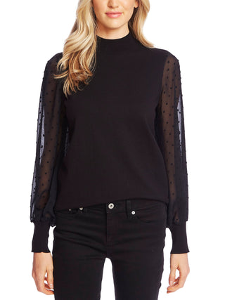 Suéter feminino Cece de manga comprida, gola falsa, design contrastante, preto, tamanho M