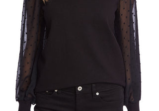 Suéter feminino Cece de manga comprida, gola falsa, design contrastante, preto, tamanho M