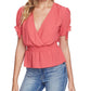 1.STATE Top feminino com sobrepeliz e cintura franzida, vermelho, tamanho pequeno
