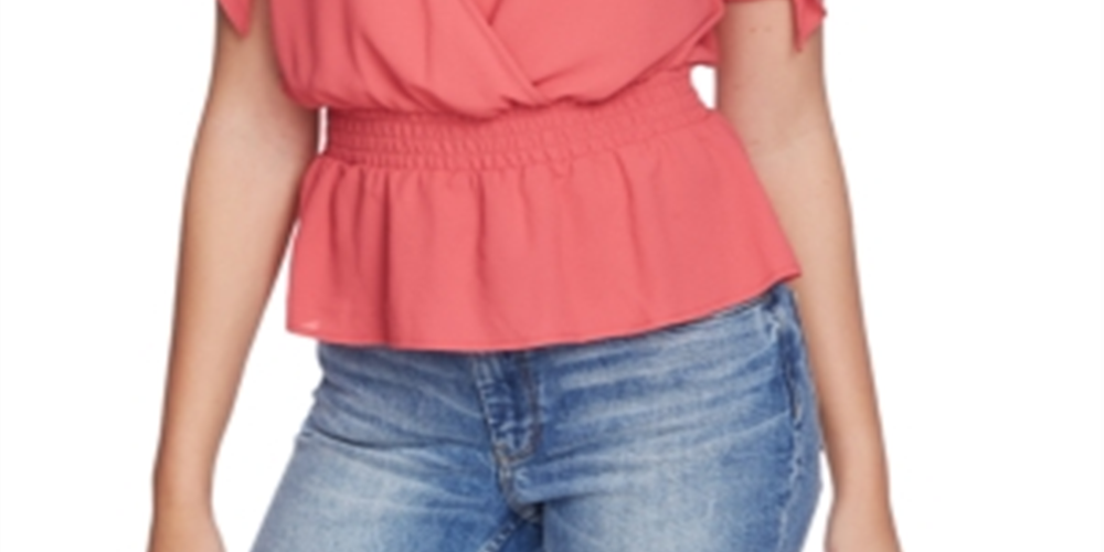 1.STATE Top feminino com sobrepeliz e cintura franzida, vermelho, tamanho pequeno