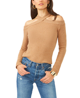 1.STATE Suéter feminino de mistura de algodão com decote cruzado e ombros descobertos, marrom, tamanho médio