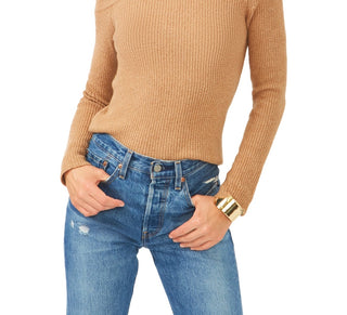 1.STATE Suéter feminino de mistura de algodão com decote cruzado e ombros descobertos, marrom, tamanho médio