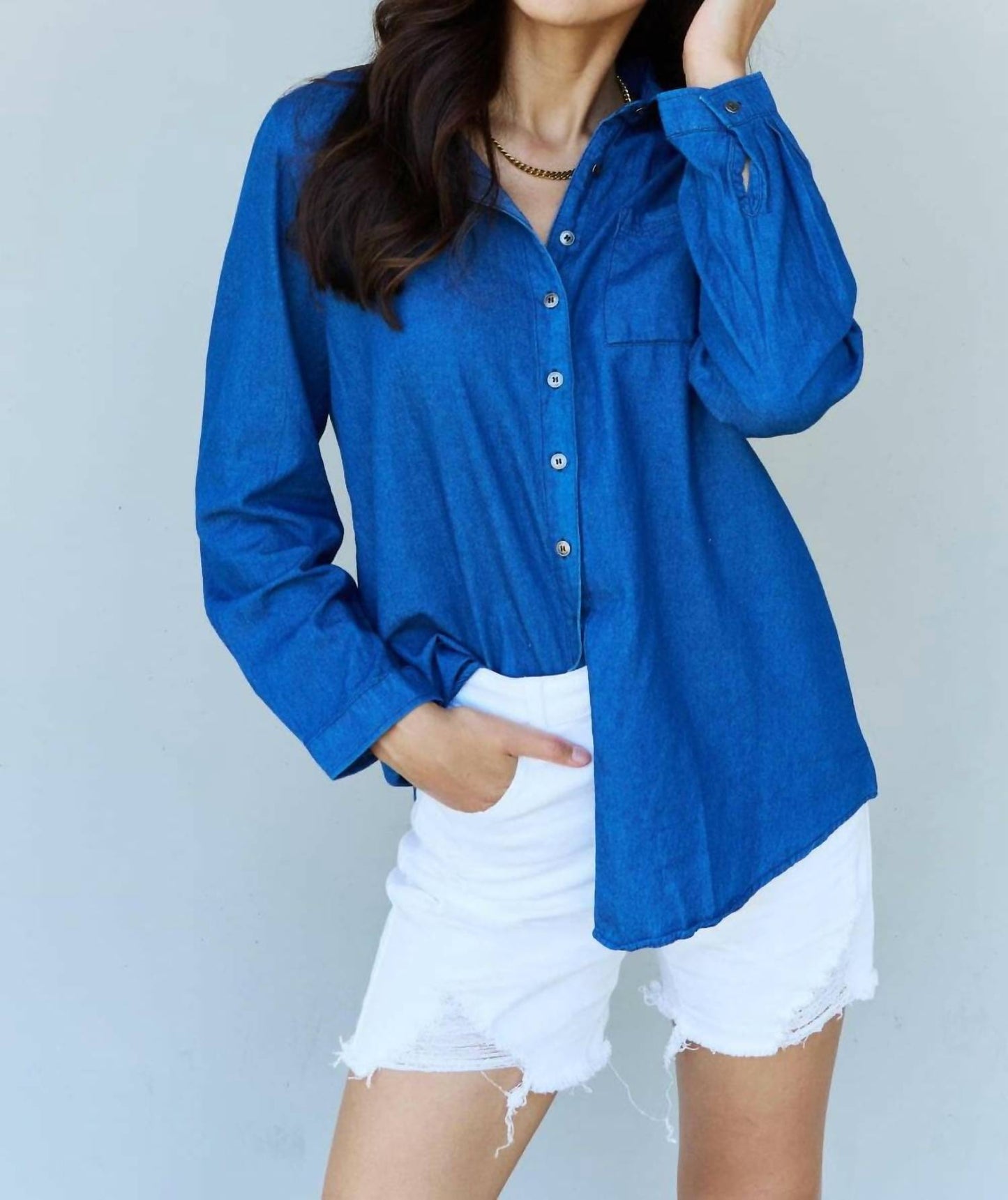 Doublju - Denim Button Down Shirt Top
