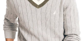 Suéter masculino de críquete universitário com decote em V e tricô trançado Nautica, cinza, tamanho extrapequeno