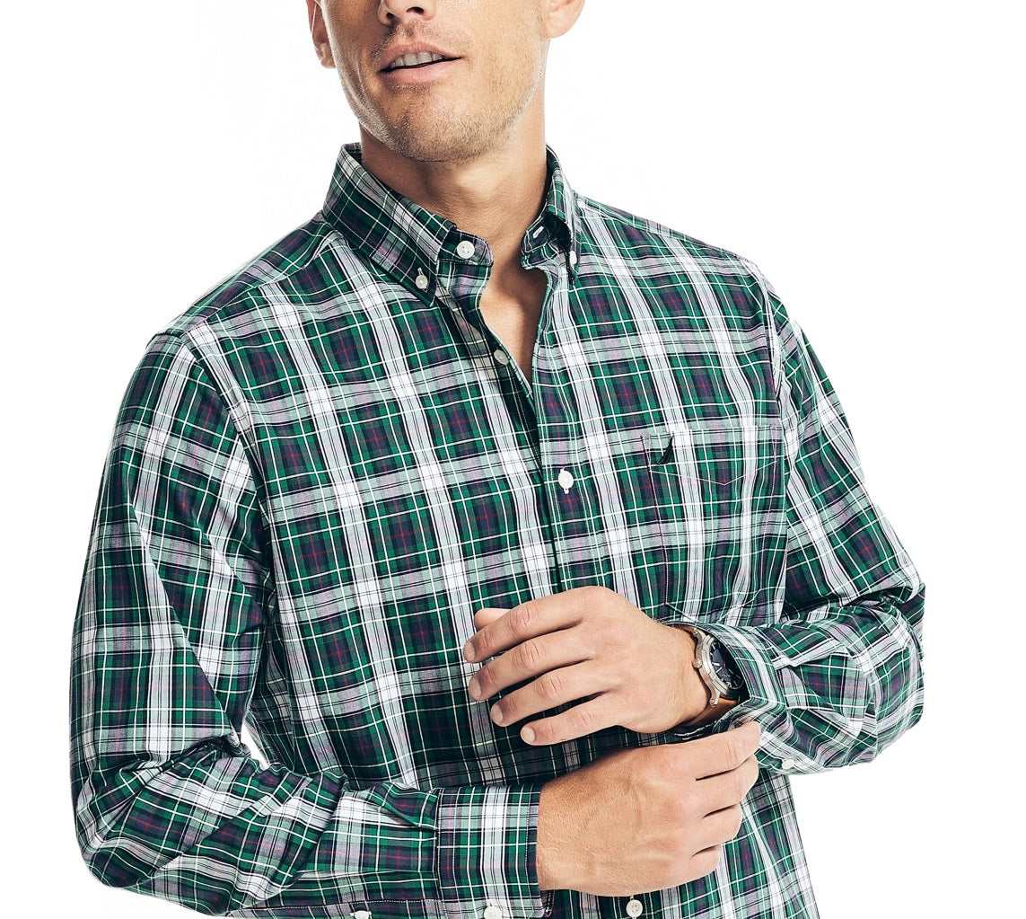 Camisas masculinas Nautica resistentes a rugas para uso no trabalho e nas férias, tamanho médio, verde