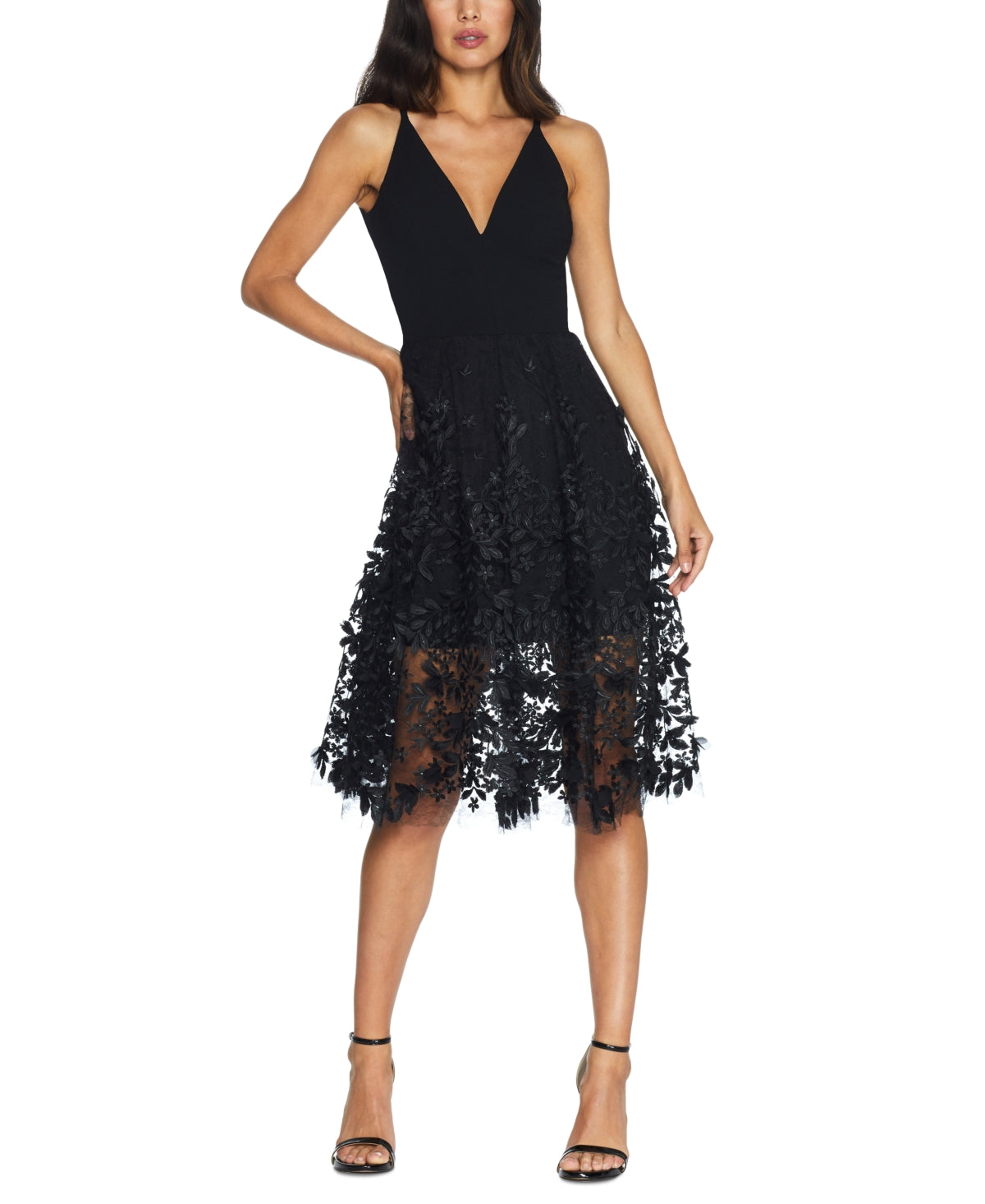 Vestido de coquetel feminino Darleen com decote em V e bordado em malha, tamanho médio, preto