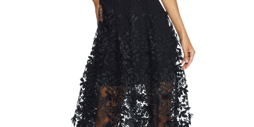 Vestido de coquetel feminino Darleen com decote em V e bordado em malha, tamanho médio, preto