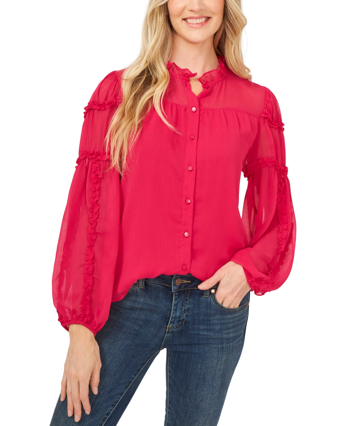 Blusa CeCe Feminina com Detalhe de Babados em Chiffon Amassado Rosa Tamanho XG