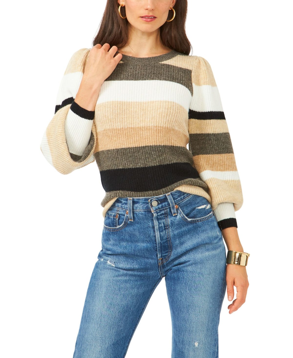 1.STATE Suéter feminino listrado com manga bolha marrom tamanho pequeno