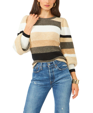 1.STATE Suéter feminino listrado com manga bolha marrom tamanho pequeno