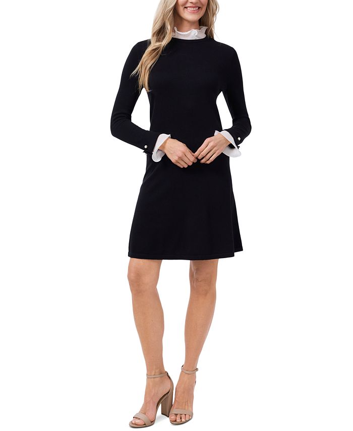 Vestido suéter feminino CeCe com gola plissada e manga comprida, preto, tamanho X-S