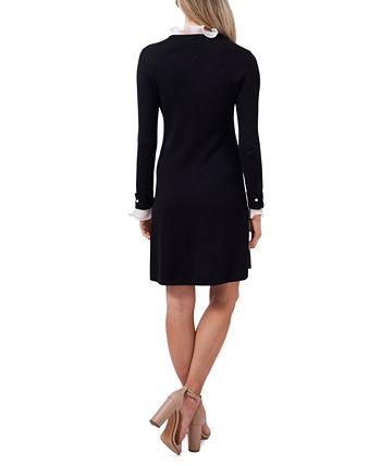 Vestido suéter feminino CeCe com gola plissada e manga comprida, preto, tamanho X-S