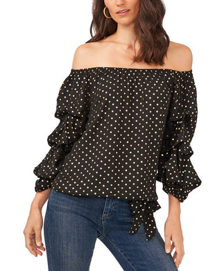 Vince Camuto Blusa feminina de bolinhas com ombro de fora e manga bolha, preta, tamanho extragrande