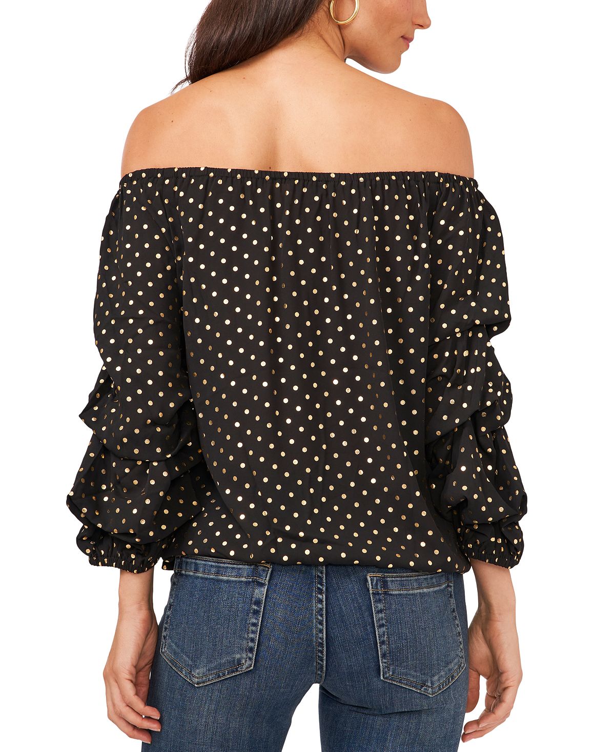 Vince Camuto Blusa feminina de bolinhas com ombro de fora e manga bolha, preta, tamanho extragrande