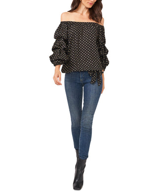 Vince Camuto Blusa feminina de bolinhas com ombro de fora e manga bolha, preta, tamanho extragrande