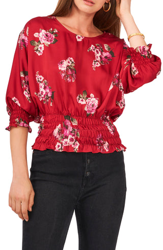 Vince Camuto Top Feminino Vermillion Floral Smocked Cintura Tamanho Médio