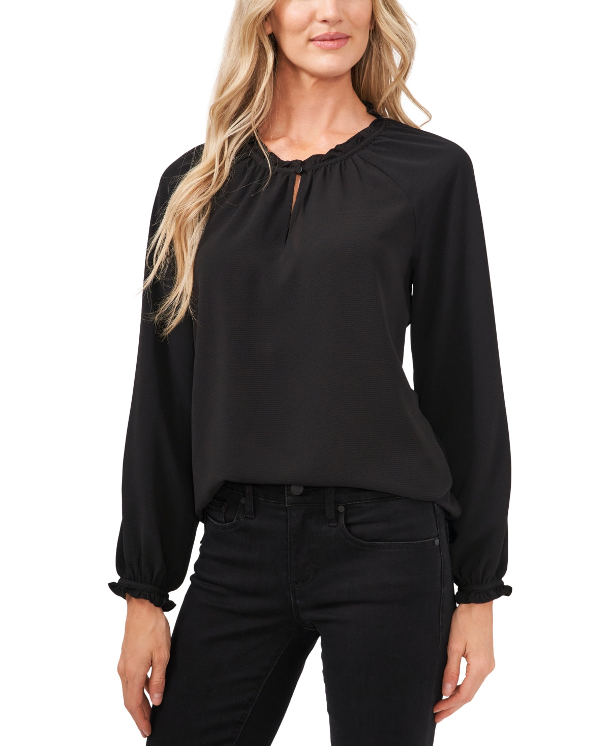 Blusa CeCe Feminina com Detalhe de Babados e Fenda Preta Tamanho Grande