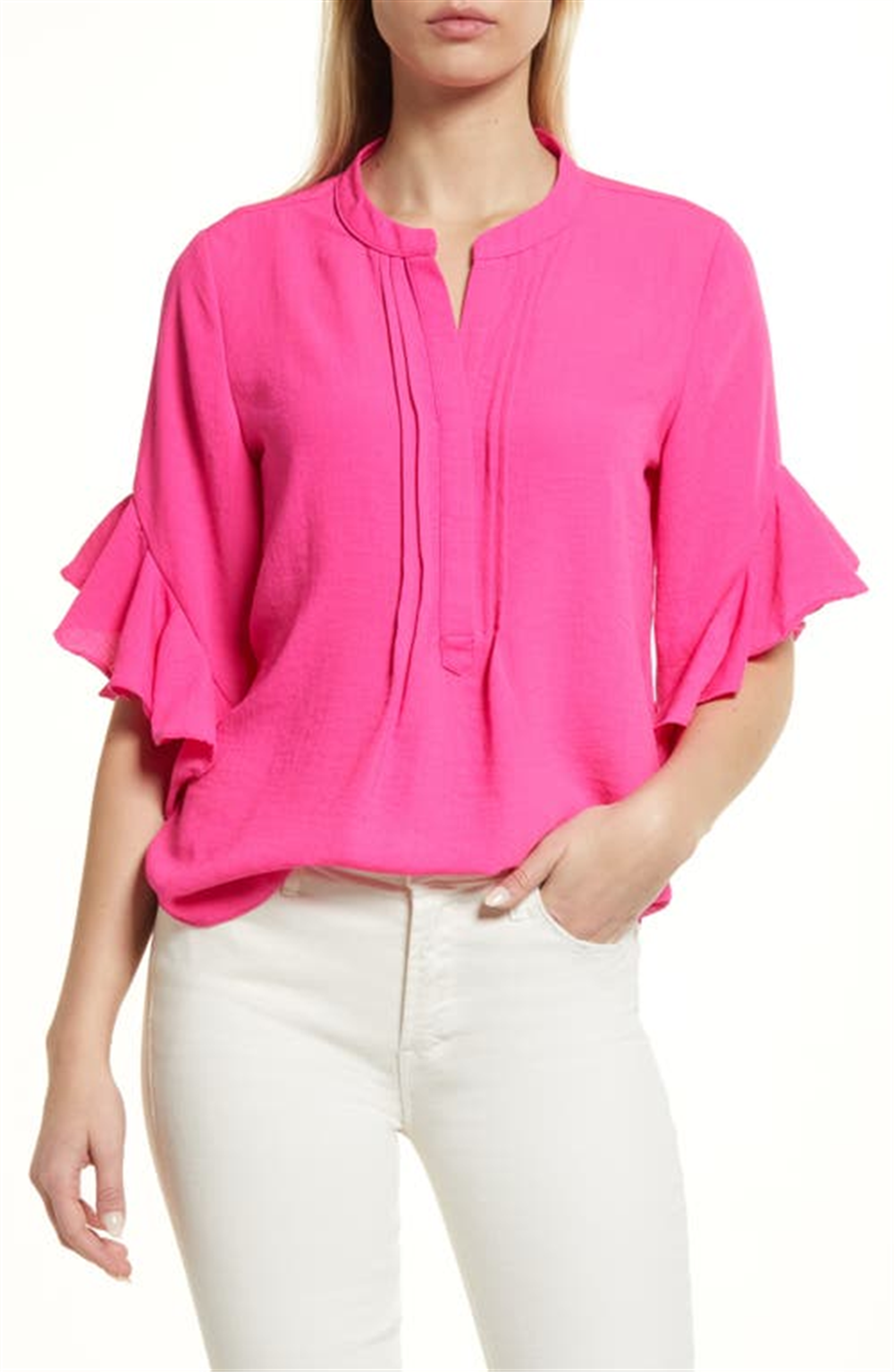 vince-camuto-womens-hot-pink-ruffle-sleeve-split-neck-blouse-size-large