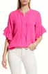 vince-camuto-womens-hot-pink-ruffle-sleeve-split-neck-blouse-size-large