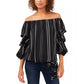 Blusa feminina listrada com manga balão e ombro de fora, preta, tamanho 3X, Vince Camuto