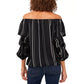 Blusa feminina listrada com manga balão e ombro de fora, preta, tamanho 3X, Vince Camuto