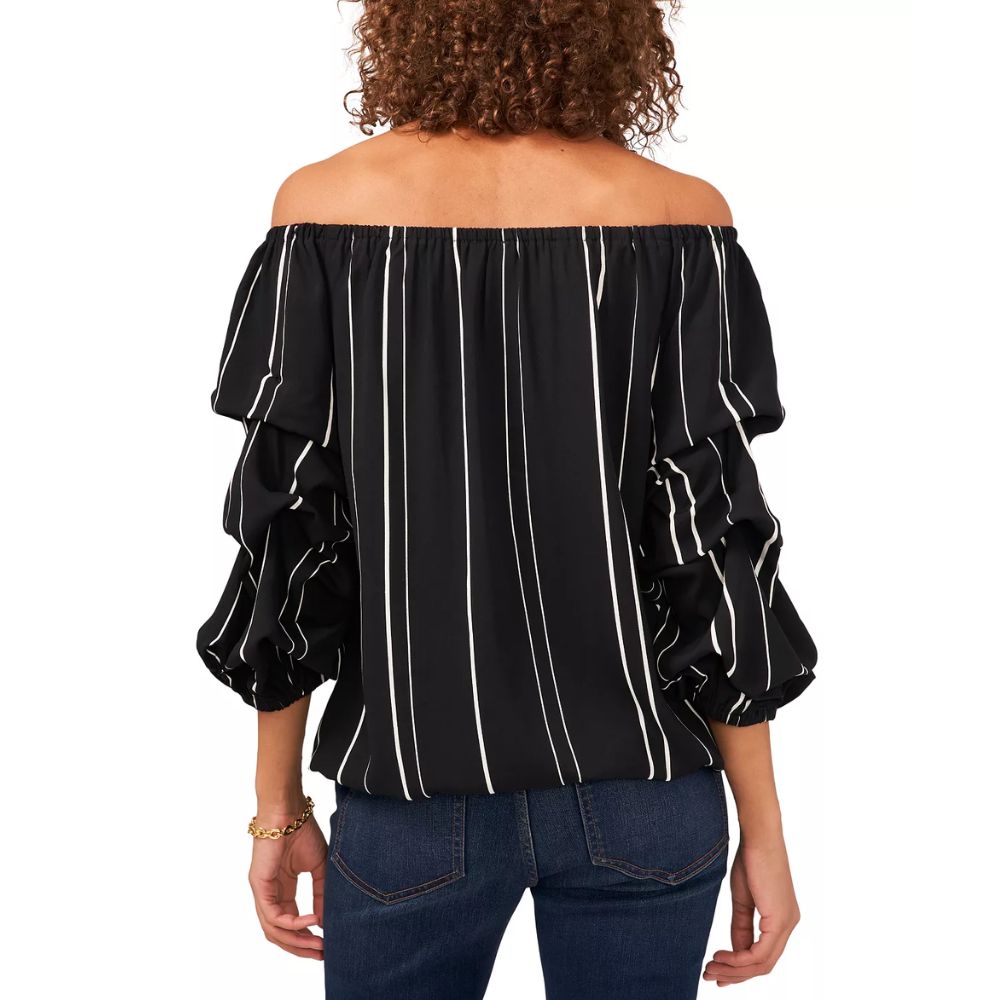 Blusa feminina listrada com manga balão e ombro de fora, preta, tamanho 3X, Vince Camuto