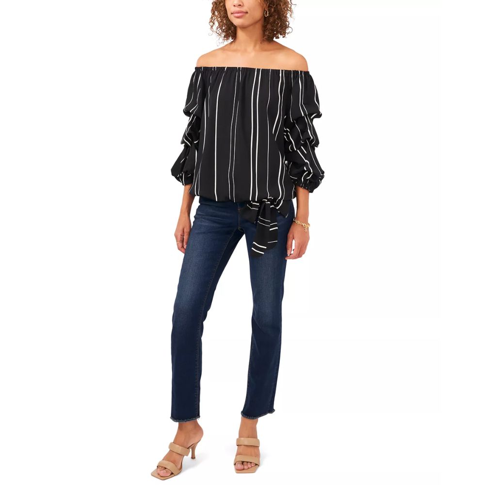 Blusa feminina listrada com manga balão e ombro de fora, preta, tamanho 3X, Vince Camuto