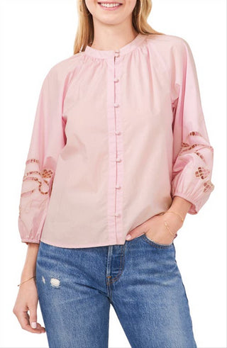 Blusa feminina Vince Camuto Pink Horizon com bordado de popeline, tamanho X-S