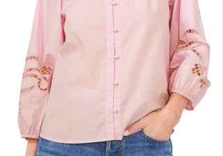 Blusa feminina Vince Camuto Pink Horizon com bordado de popeline, tamanho X-S