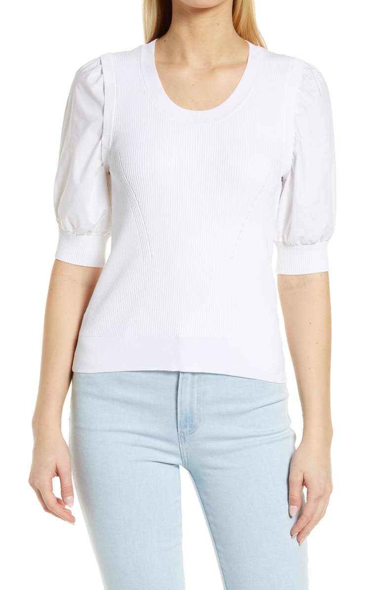 Suéter feminino CeCe com manga bufante e estampa de mídia mista, tamanho grande, branco