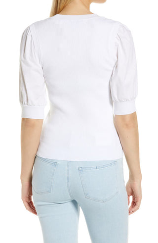 CeCe Women's Puff Sleeve Mixed Media Sweater White Size Large