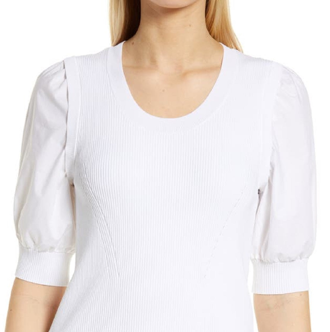 Suéter feminino CeCe com manga bufante e estampa de mídia mista, tamanho grande, branco