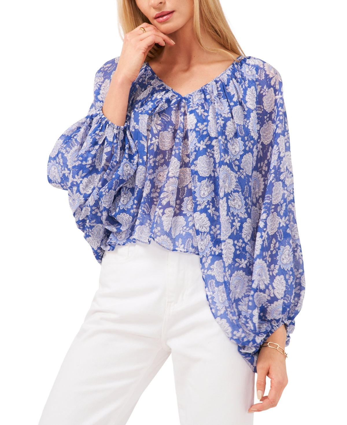Blusa feminina Vince Camuto com manga balão floral azul