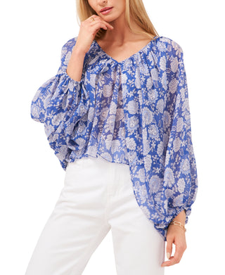 Blusa feminina Vince Camuto com manga balão floral, azul, tamanho XS