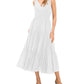 Vestido feminino Vince Camuto com alças franzidas, forro em camadas, sem mangas, decote em V, corte midi, tamanho extragrande, branco