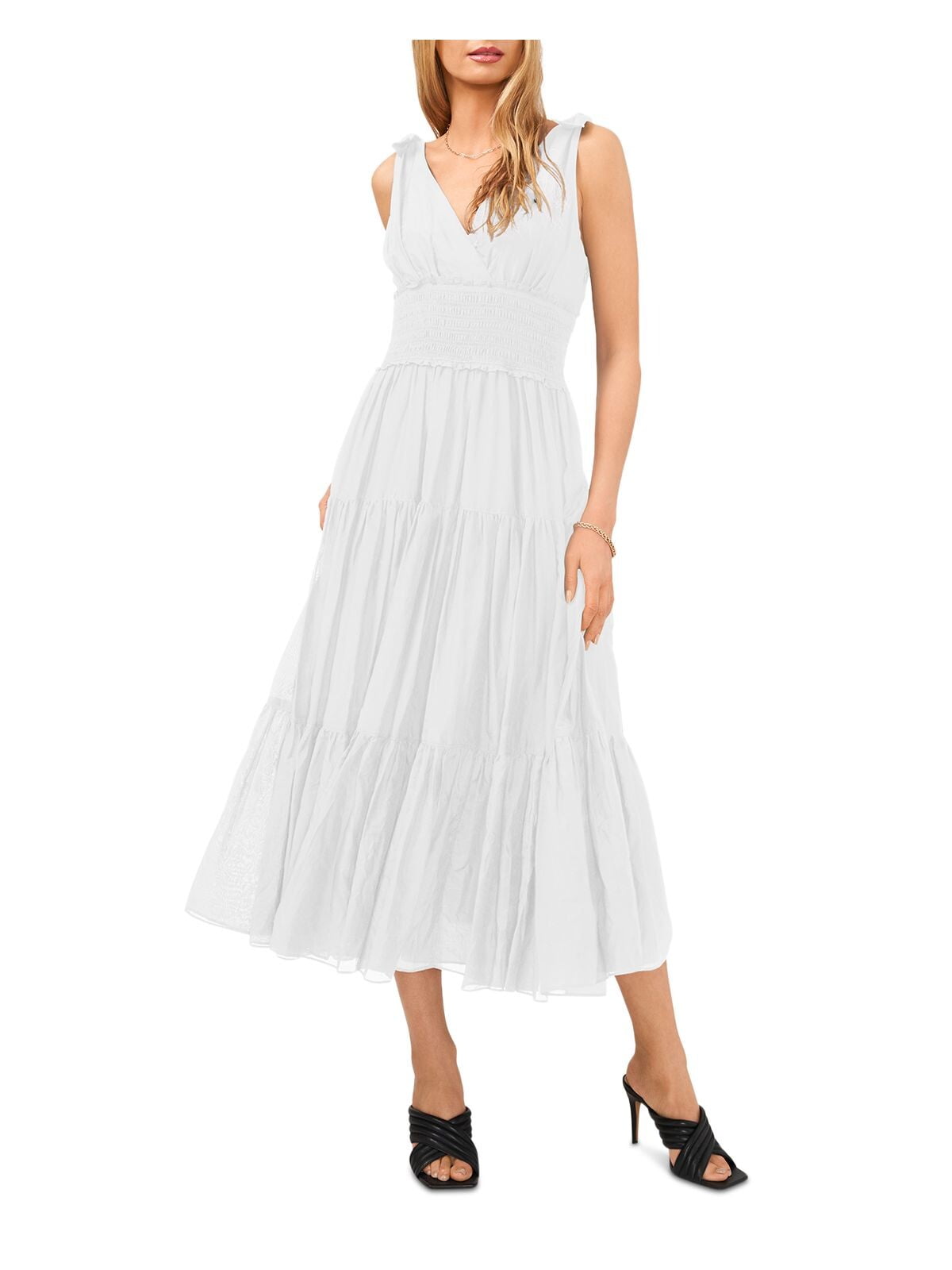 Vestido feminino Vince Camuto com alças franzidas, forro em camadas, sem mangas, decote em V, corte midi, tamanho extragrande, branco