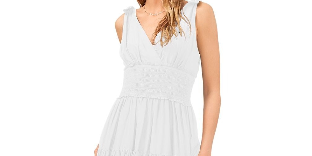 Vestido feminino Vince Camuto com alças franzidas, forro em camadas, sem mangas, decote em V, corte midi, tamanho extragrande, branco
