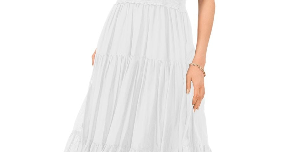 Vestido feminino Vince Camuto com alças franzidas, forro em camadas, sem mangas, decote em V, corte midi, tamanho extragrande, branco