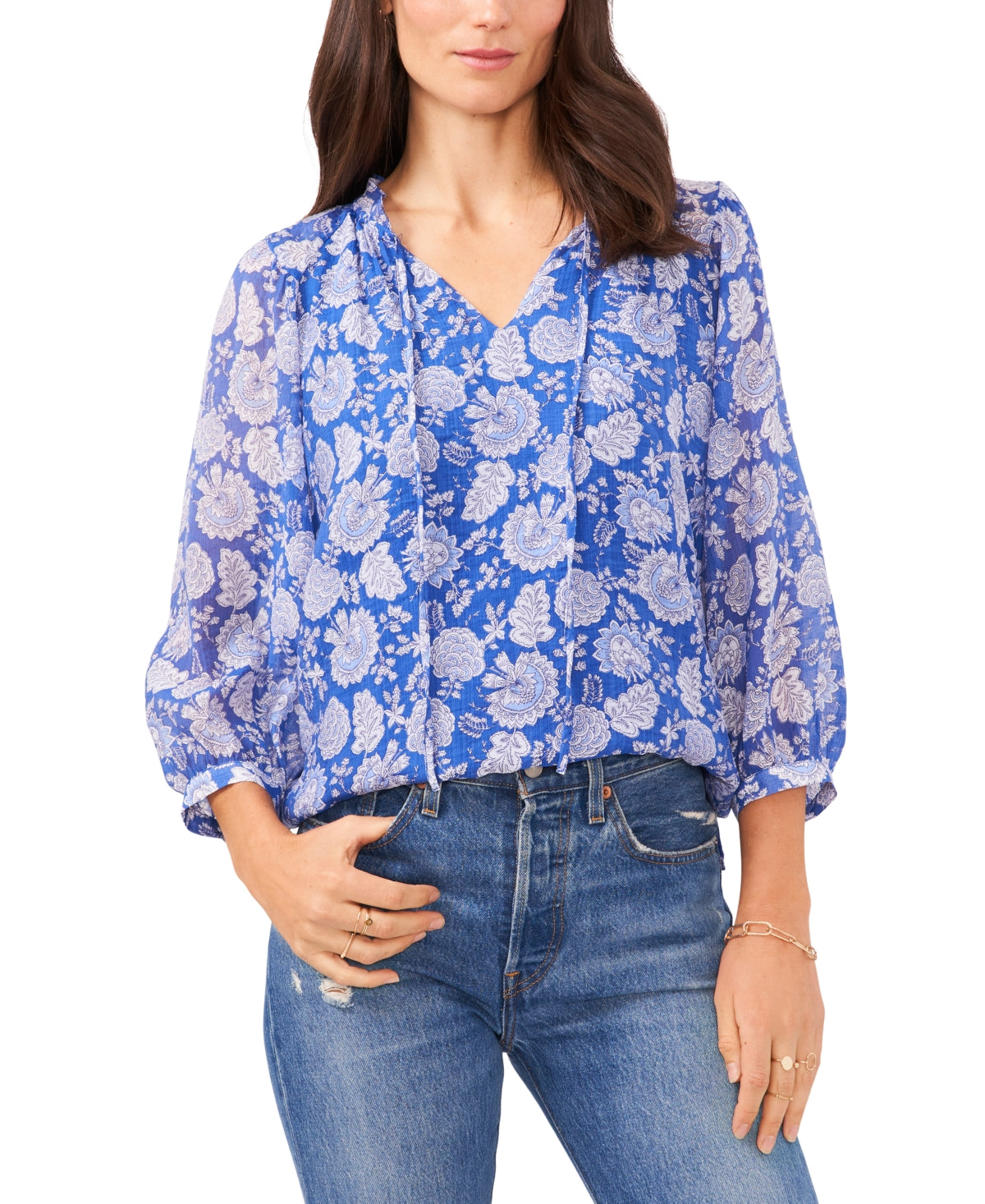 Blusa feminina Vince Camuto com gola amarrada, azul, tamanho pequeno