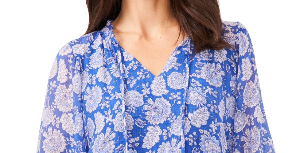 Blusa feminina Vince Camuto com gola amarrada, azul, tamanho pequeno
