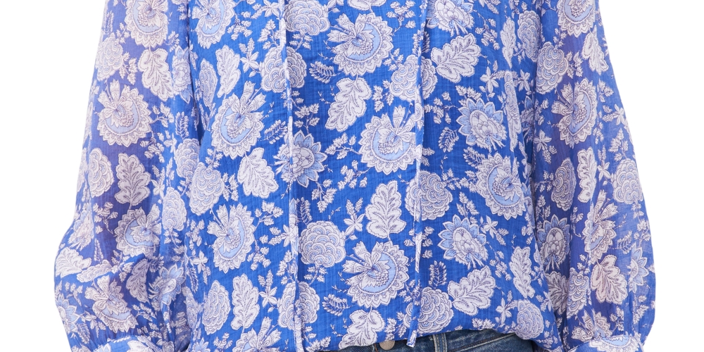 Blusa feminina Vince Camuto com gola amarrada, azul, tamanho pequeno