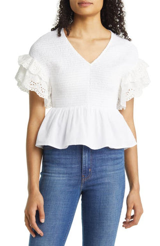 1.STATE Women's Short Flutter Sleeve V Neck Smocked Top White Size XX-Small