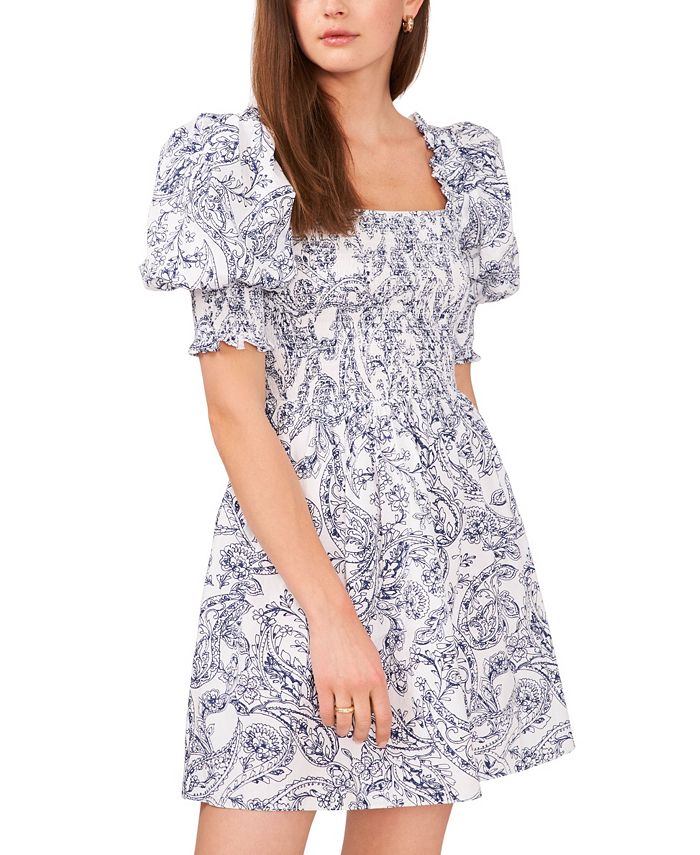 1.STATE Vestido curto feminino com corpete franzido e manga bufante, azul, tamanho X-S