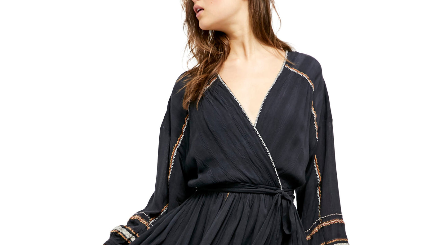 Vestido curto feminino Free People Delilah bordado manga comprida azul tamanho médio